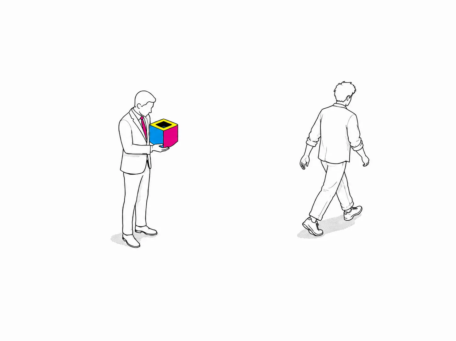 色付きの箱を手渡した直後、振り返らずに立ち去っていく人物を描いたイラスト（納品して終わりの関係性を象徴）