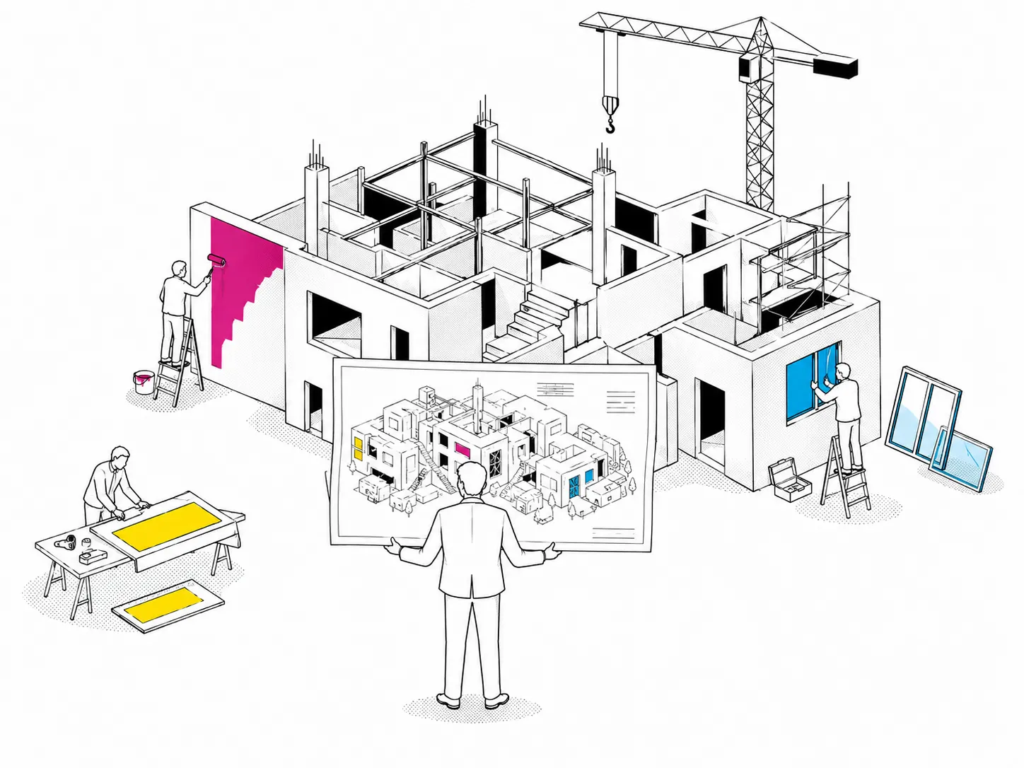 クレーンのある建設現場と、設計図を掲げる人物を描いたイラスト