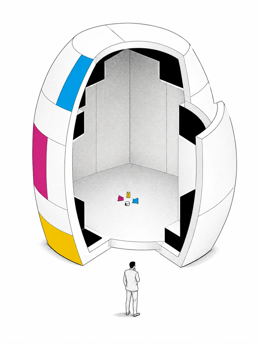 空洞になった建造物の中を見下ろす人物と、その床に置かれた小さな積み木を描いたイラスト（見た目だけ整っていて中身が空っぽな様子を象徴）