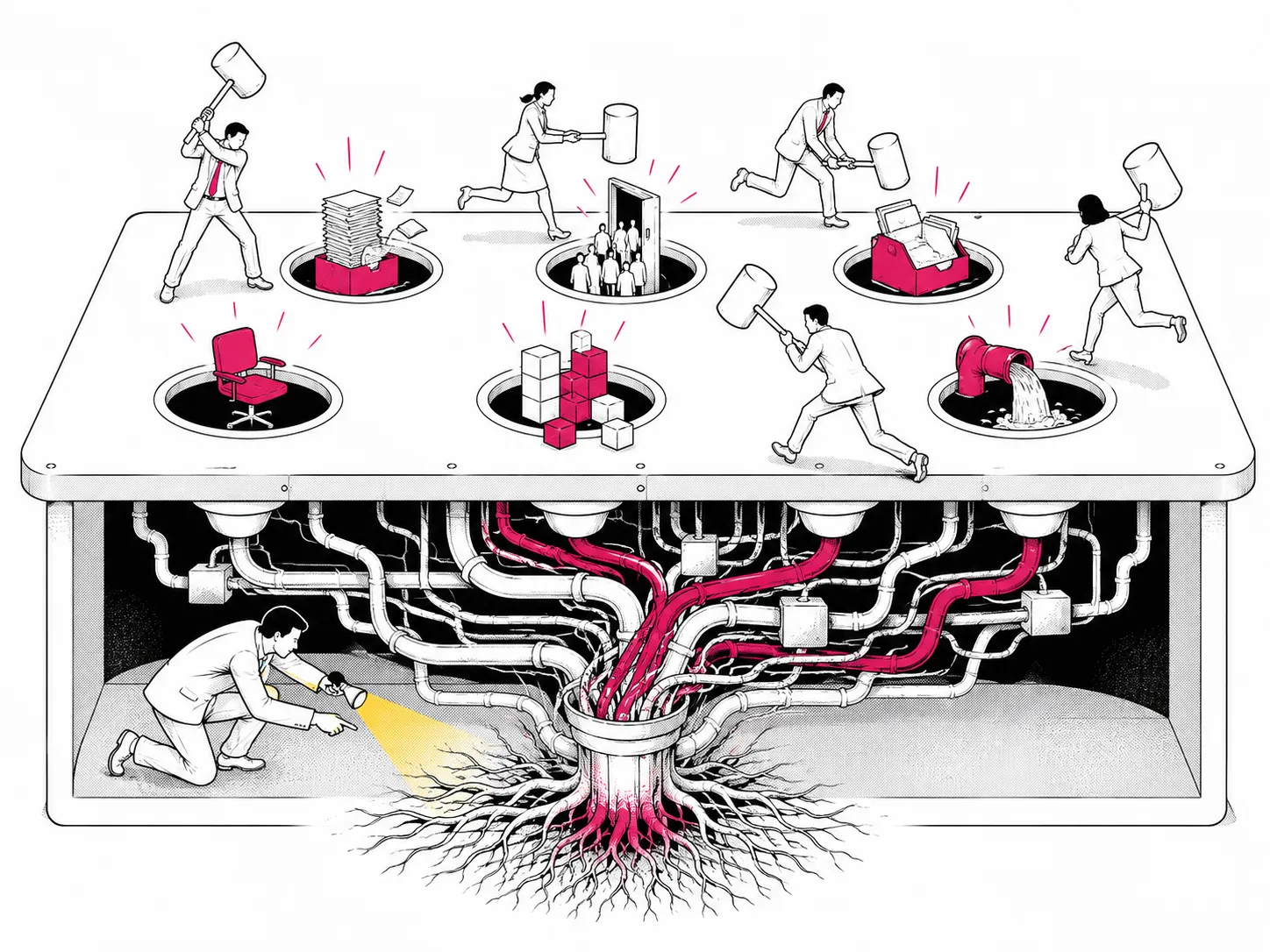机の下に伸びる配管を、複数の人物がモグラ叩きのように叩いている様子を描いたイラスト