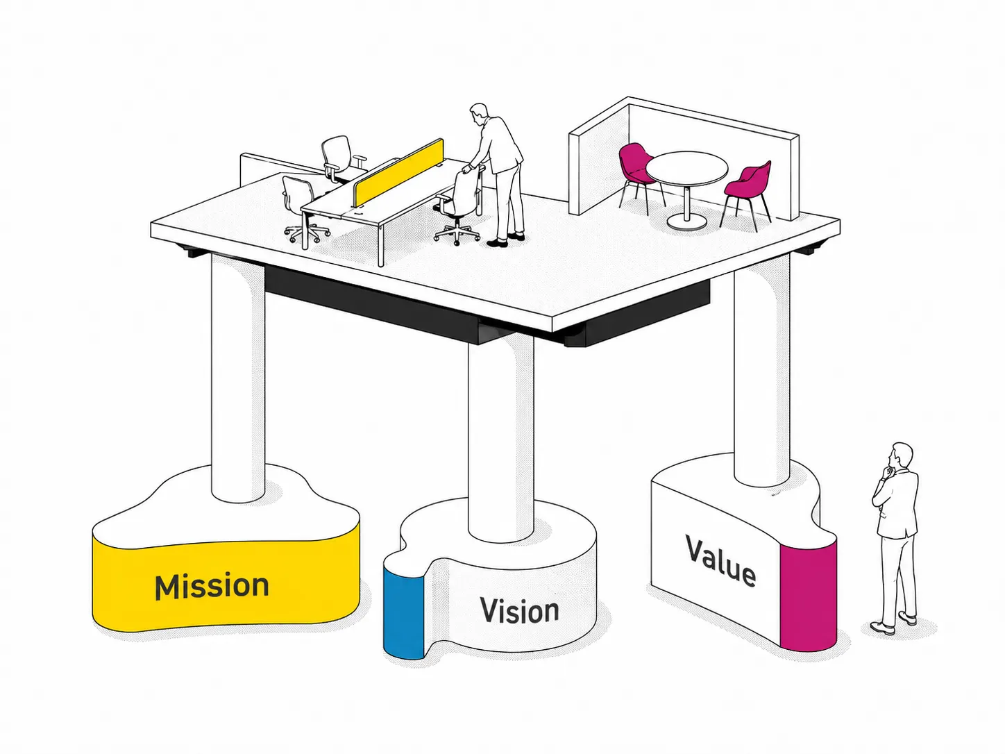 「Mission」「Vision」「Value」の3本の柱に支えられたオフィスの什器を、人物が見上げる様子を描いたイラスト