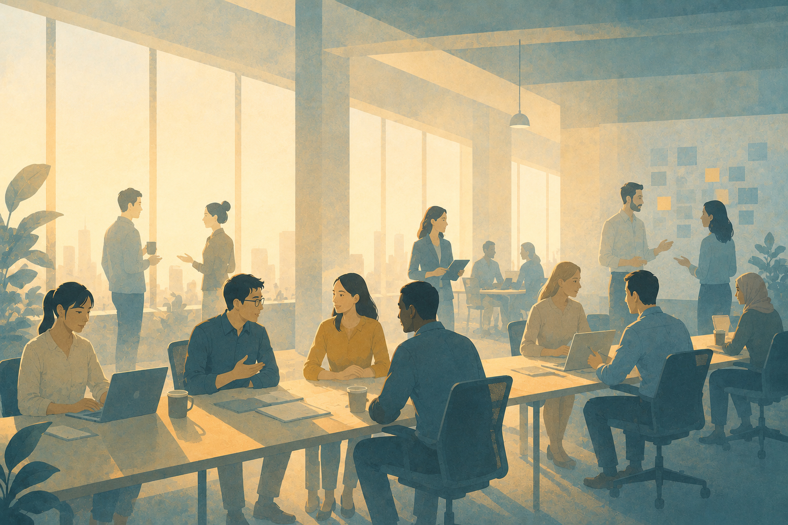 日本人と外国人の同僚がオフィスで働くイラスト
