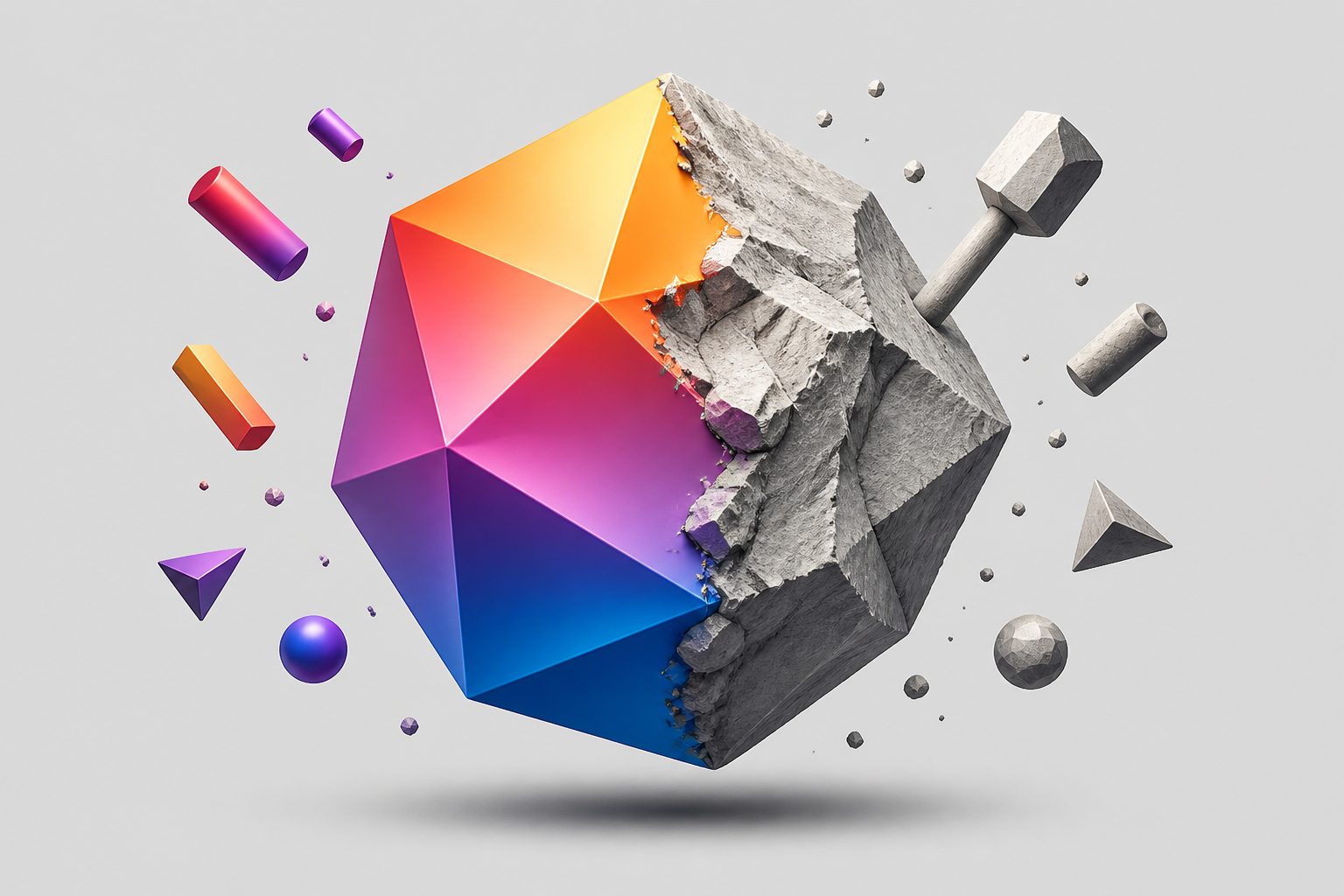 未完成な部分を持つ3Dジオメトリック彫刻が創造されていく様子のイラスト