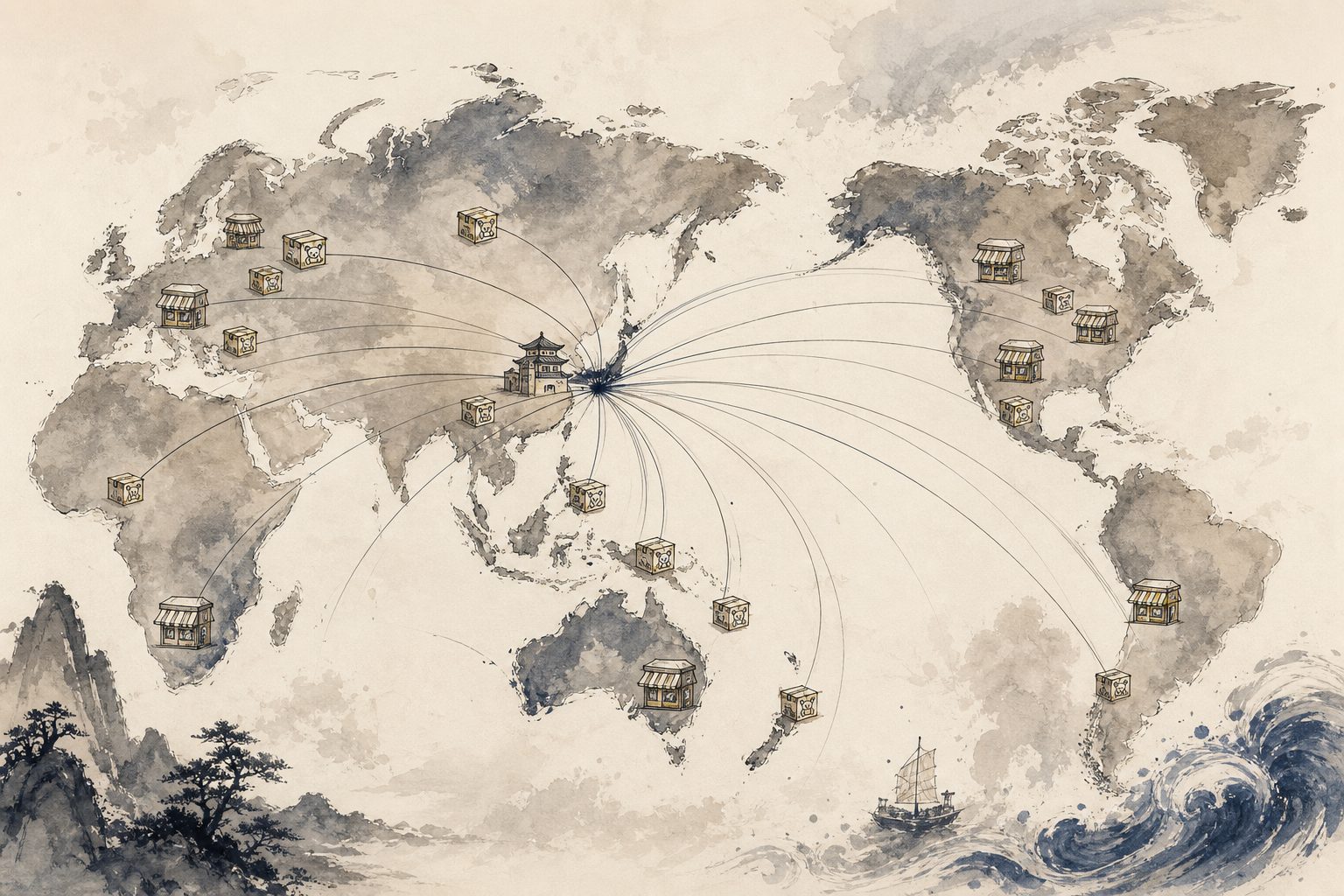 世界地図上に広がる店舗展開を表すイラスト
