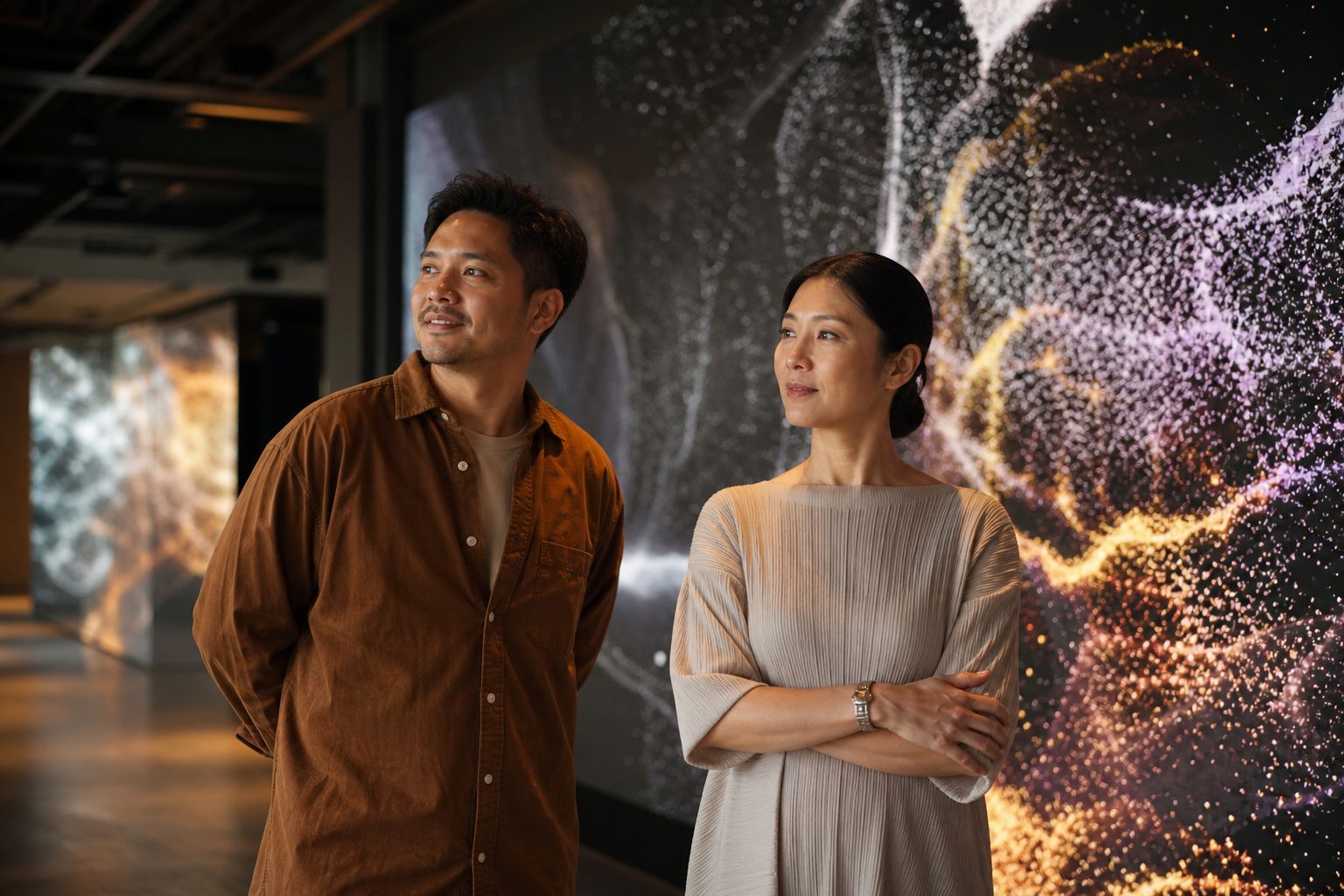 フィリピン人デザイナーと日本人経営者がデジタルアートの画面前で協働する様子