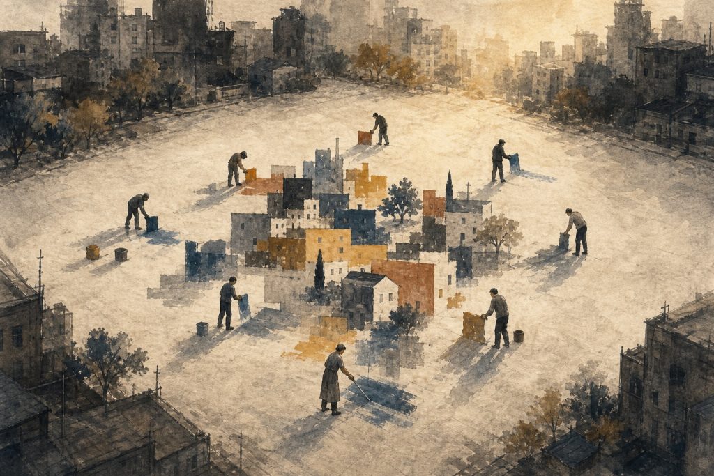 Why did the massive redevelopment project stop, while the neighboring town continued to move forward?